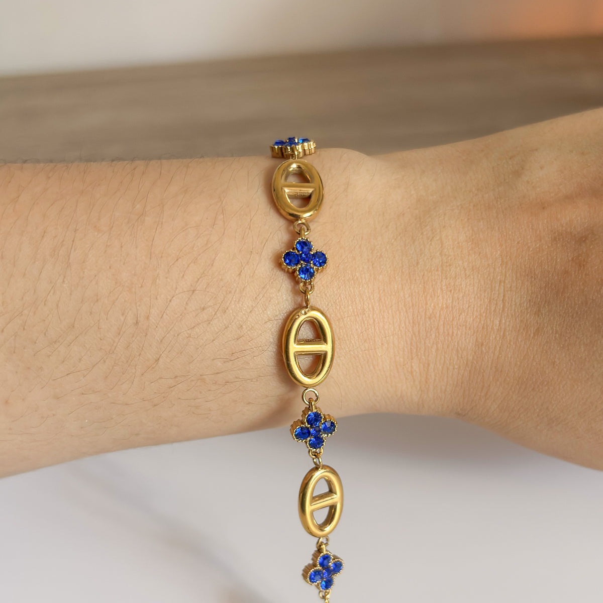 Pulsera Acero Trébol Zafiro & Eslabón Oval