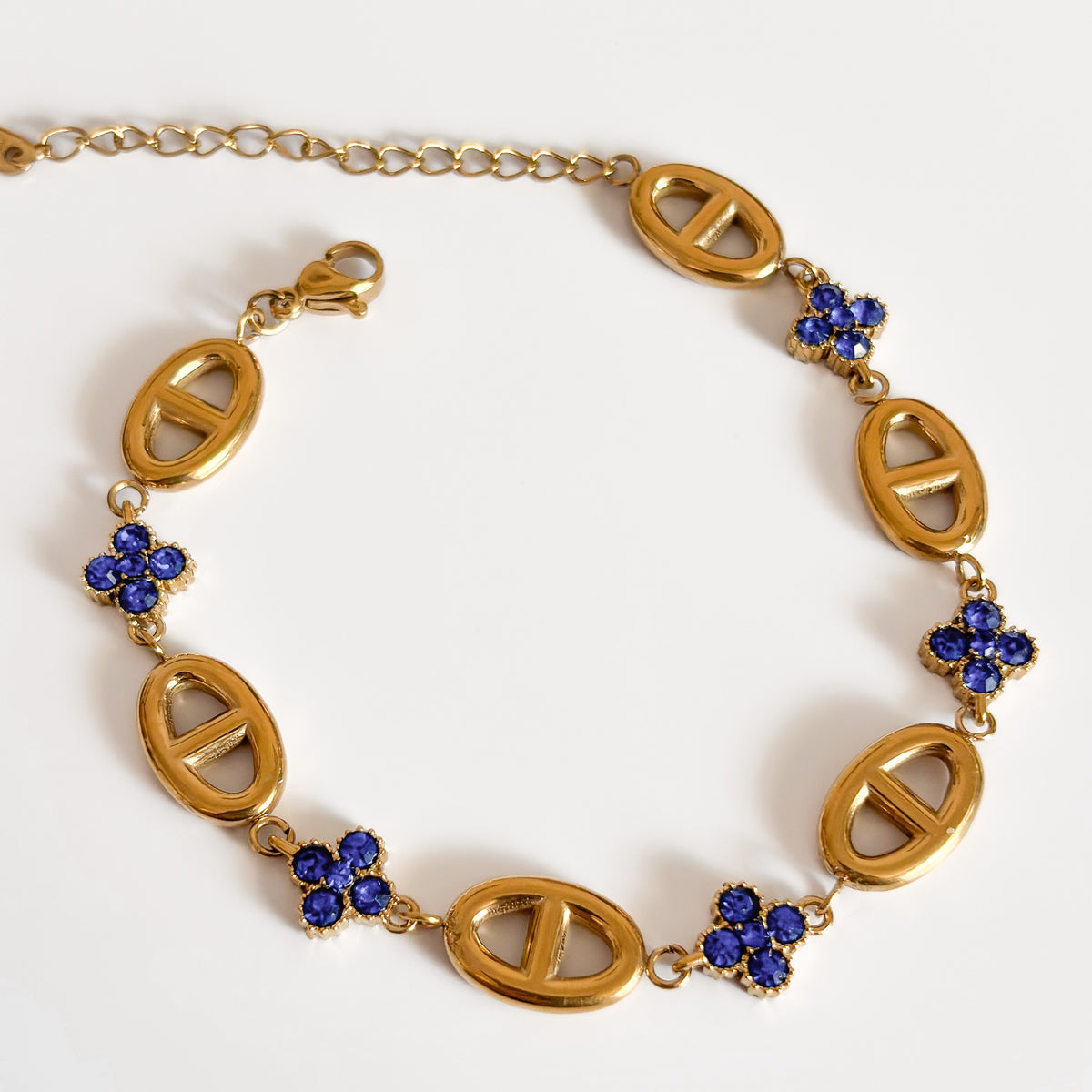 Pulsera Acero Trébol Zafiro & Eslabón Oval
