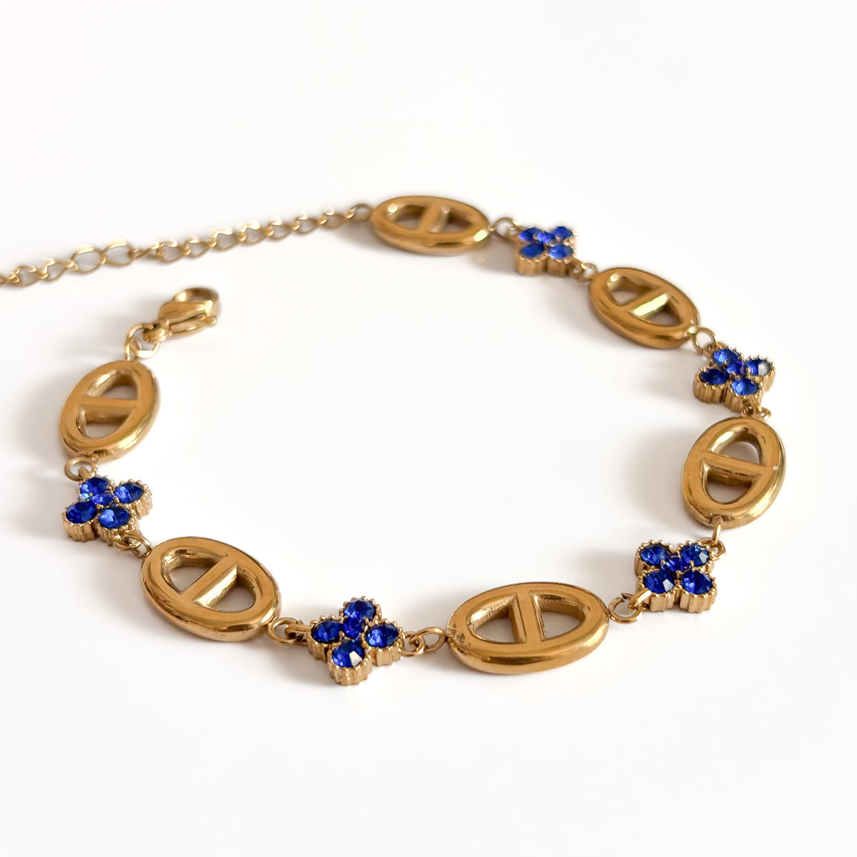 Pulsera Acero Trébol Zafiro & Eslabón Oval